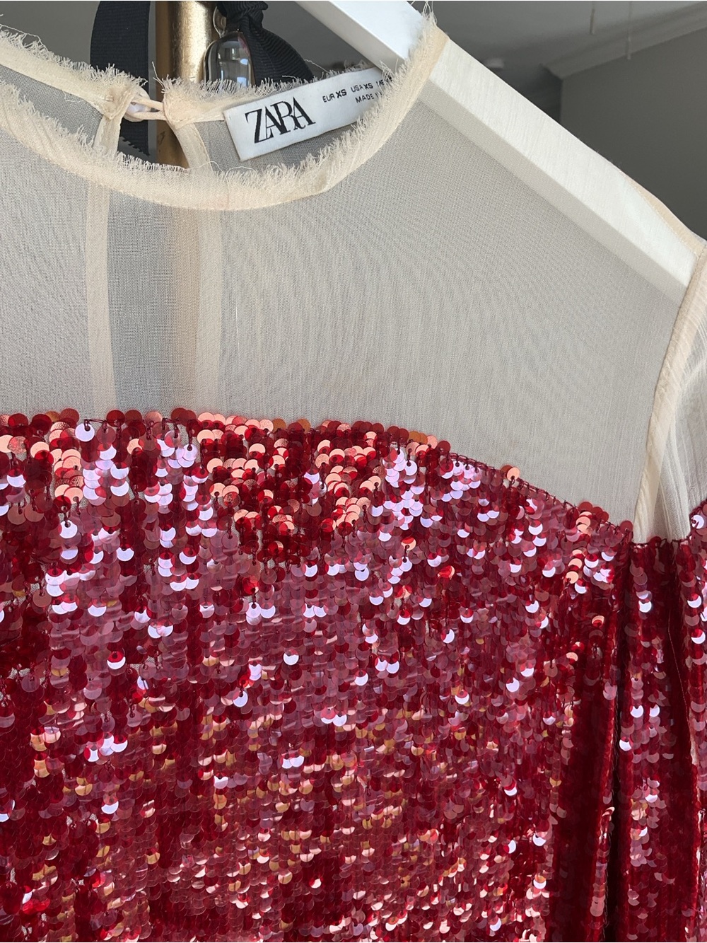 ZARA COLLECTION XS Red Sequin Mesh Bodice Top